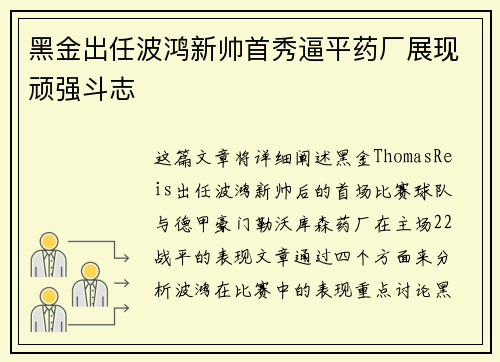 黑金出任波鸿新帅首秀逼平药厂展现顽强斗志